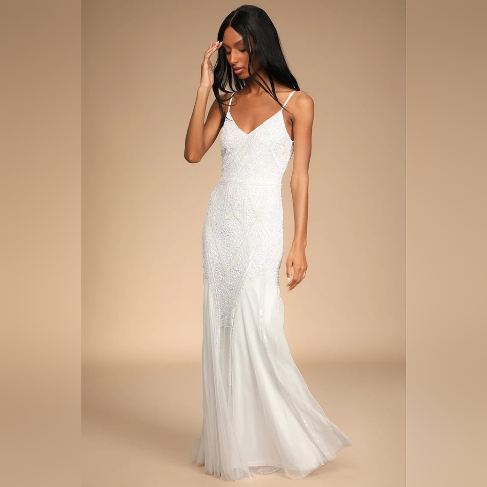 Just the Beginning White Beaded Sequin Mermaid Maxi Dress
